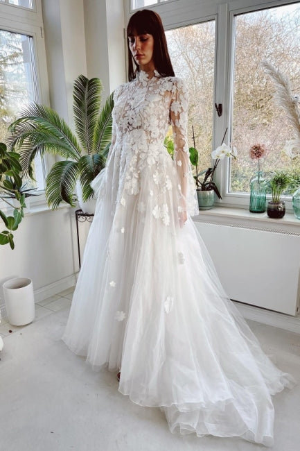 Elegant High Collar Long Sleeves A-Line Lace Wedding Dress with Chapel Train-misshow.com