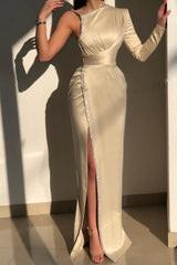 Elegant Ivory One-shoulder Long-Sleeve Sheath Prom Dresses with Sequins-misshow.com