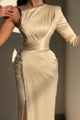 Elegant Ivory One-shoulder Long-Sleeve Sheath Prom Dresses with Sequins-misshow.com