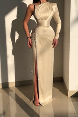 Elegant Ivory One-shoulder Long-Sleeve Sheath Prom Dresses with Sequins-misshow.com