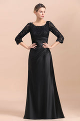 Elegant Jewel 3/4 Sleeves Black Satin Lace Ruffles Mother of Bride Dress On Sale-misshow.com