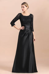 Elegant Jewel 3/4 Sleeves Black Satin Lace Ruffles Mother of Bride Dress On Sale-misshow.com