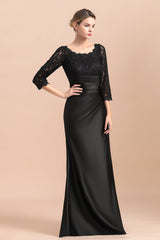 Elegant Jewel 3/4 Sleeves Black Satin Lace Ruffles Mother of Bride Dress On Sale-misshow.com