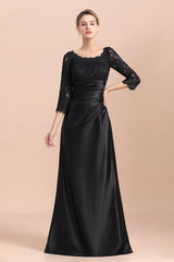 Elegant Jewel 3/4 Sleeves Black Satin Lace Ruffles Mother of Bride Dress On Sale-misshow.com