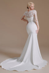 Elegant Jewel Long-Sleeve Mermaid Floor-Length Satin Wedding Dresses with Pattern-misshow.com