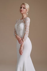 Elegant Jewel Long-Sleeve Mermaid Floor-Length Satin Wedding Dresses with Pattern-misshow.com