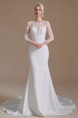 Elegant Jewel Long-Sleeve Mermaid Floor-Length Satin Wedding Dresses with Pattern-misshow.com