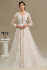 Elegant Lace Deep V-neck Wedding Dress Long Sleeve Floor Length Bridal Gowns-misshow.com