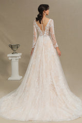 Elegant Lace Deep V-neck Wedding Dress Long Sleeve Floor Length Bridal Gowns-misshow.com