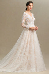 Elegant Lace Deep V-neck Wedding Dress Long Sleeve Floor Length Bridal Gowns-misshow.com