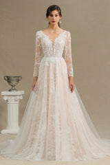 Elegant Lace Deep V-neck Wedding Dress Long Sleeve Floor Length Bridal Gowns-misshow.com