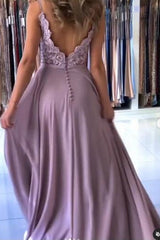 Elegant Lilac A-line Split Long Evening Dresses With Lace-misshow.com