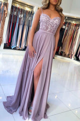 Elegant Lilac A-line Split Long Evening Dresses With Lace-misshow.com