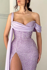 Elegant Lilac Long Glitter Off-the-shoulder Mermaid Evening Dresses With Slit-misshow.com