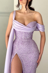 Elegant Lilac Long Glitter Off-the-shoulder Mermaid Evening Dresses With Slit-misshow.com