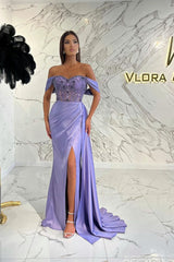 Elegant Lilac Off-the-shoulder Beading Mermaid Prom Dress With Slit-misshow.com