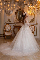 Elegant Long A-line Lace Appliques Tulle Wedding Dresses With Sleeves-misshow.com