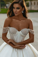 Elegant Long A-line Off-the-shoulder Sleeveless Wedding Dresses With Beads-misshow.com