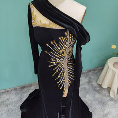 Elegant Long A-line One Shoulder Beading Prom Dress With Long Sleeves-misshow.com