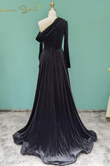 Elegant Long A-line One Shoulder Beading Prom Dress With Long Sleeves-misshow.com