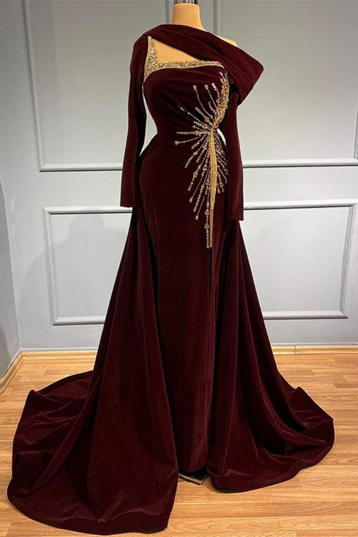 Elegant Long A-line One Shoulder Beading Prom Dress With Long Sleeves-misshow.com