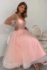 Elegant Long A-line Pink Tulle Long Sleeves Prom Dress Peach Party Dress