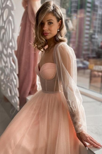 Elegant Long A-line Pink Tulle Long Sleeves Prom Dress Peach Party Dress