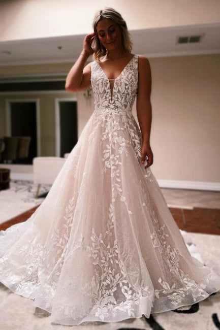 Elegant Long A-line V-neck Backless Lace Glitter Sleeveless Wedding Dresses