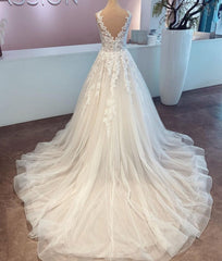 Elegant Long A-line V-neck Tulle Lace Wedding Dress-misshow.com