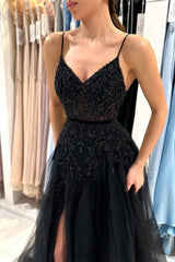 Elegant Long Black A-line Sequined Lace Prom Dresses With Slit-misshow.com