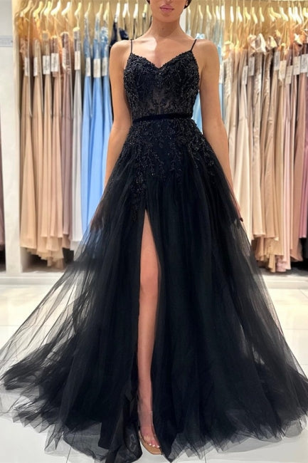 Elegant Long Black A-line Sequined Lace Prom Dresses With Slit-misshow.com