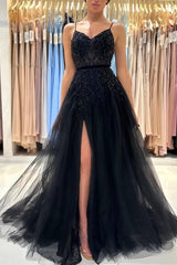 Elegant Long Black A-line Sequined Lace Prom Dresses With Slit-misshow.com