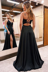 Elegant Long Black A-line V-neck Sequined Evening Dress With Glitter-misshow.com