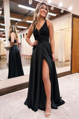 Elegant Long Black A-line V-neck Sequined Evening Dress With Glitter-misshow.com