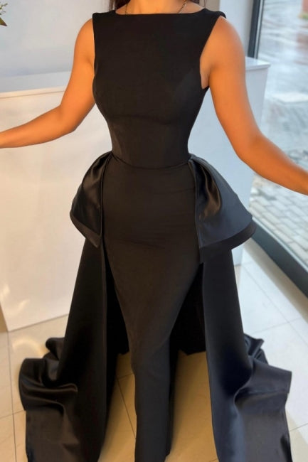 Elegant Long Black Evening Dresses Simple Drom Dresses With Detachable Train-misshow.com