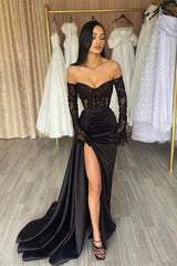 Elegant Long Black Off-the-shoulder Lace Mermaid Prom Dress With Slit-misshow.com