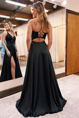 Elegant Long Black V-neck A-line Sequined Sleeveless Prom Dress With Slit-misshow.com