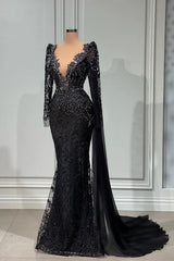 Elegant Long Black V-neck Lace Mermaid Evening Dresses With Long Sleeves-misshow.com