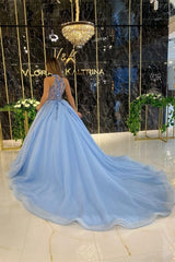 Elegant Long Blue A-line Halter Sleeveless Beading Prom Dresses With Glitter-misshow.com