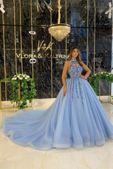 Elegant Long Blue A-line Halter Sleeveless Beading Prom Dresses With Glitter-misshow.com