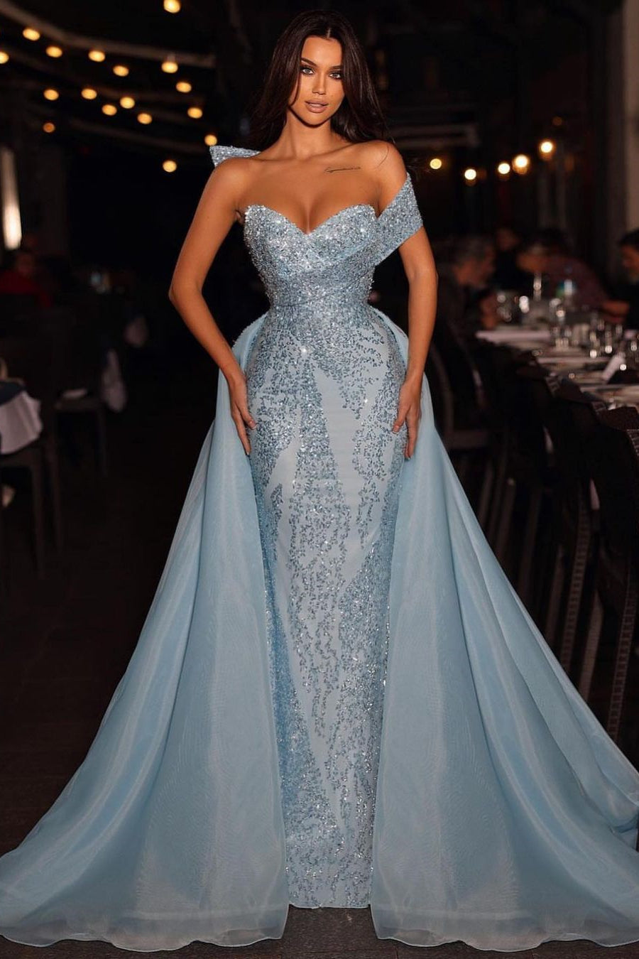 Elegant Long Blue A-line Off-the-shoulder Sleeveless Sequined Prom Dress With Detachable Train-misshow.com