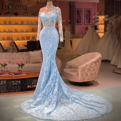 Elegant Long Blue Mermaid Long Sleeves Lace Prom Dress With Train-misshow.com