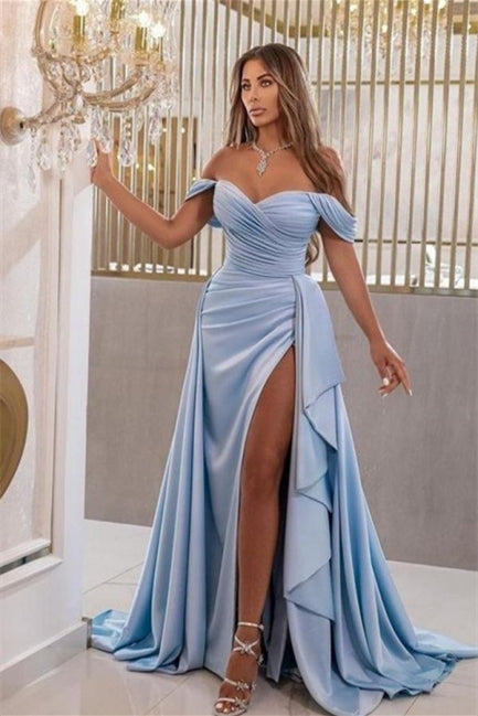 Elegant Long Blue Satin Off-the-shoulder A-line Evening Dresses With Slit-misshow.com