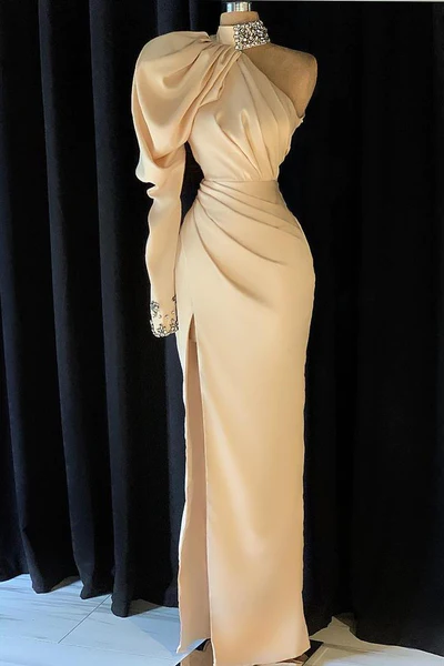 Elegant Long Champagne High Neck One Shoulder Split Prom Dress With Slit-misshow.com