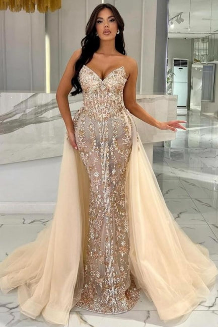 Elegant Long Champagne Mermaid Strapless Lace Glitter Prom Dress with Detachable Train