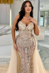 Elegant Long Champagne Mermaid Strapless Lace Glitter Prom Dress with Detachable Train