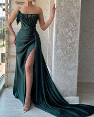 Elegant Long Dark Green A-line Sleeveless Beading Prom Dress With Slit-misshow.com