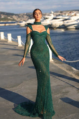 Elegant Long Dark Green Beading Off-the-shoulder Prom Dress With Sleeves-misshow.com