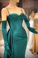 Elegant Long Dark Green Spaghetti Straps Prom Dress With Ruffles-misshow.com