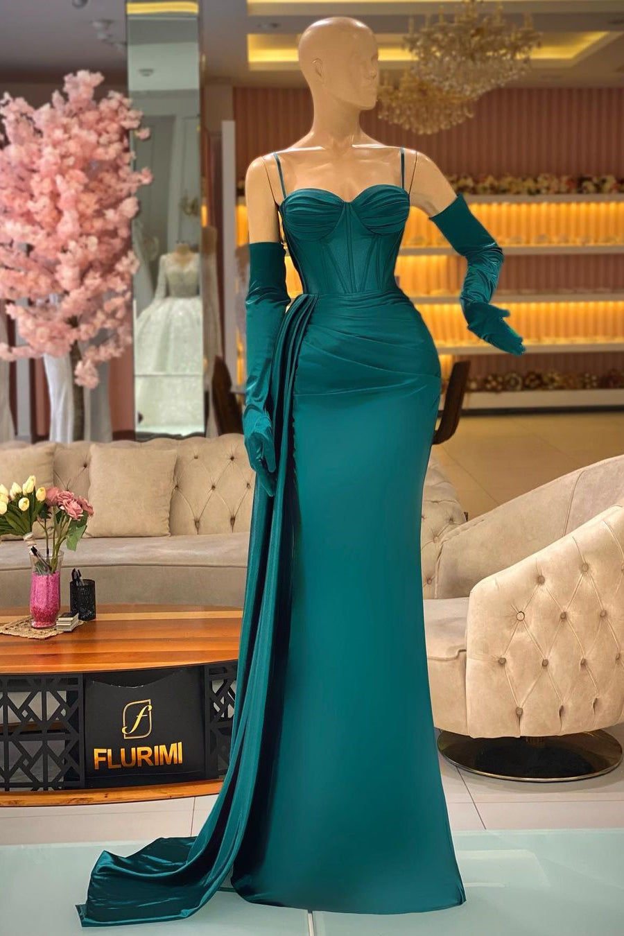 Elegant Long Dark Green Spaghetti Straps Prom Dress With Ruffles-misshow.com